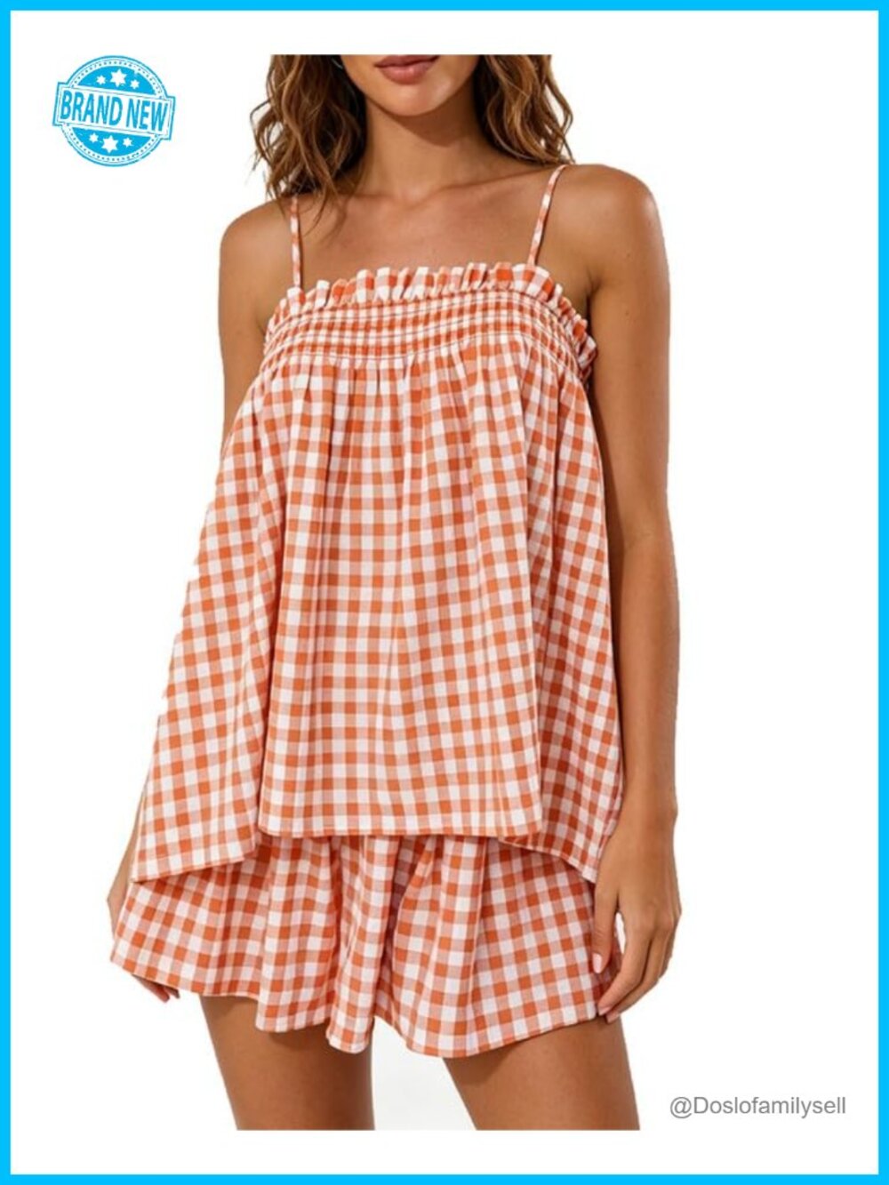 Women's Gingham Pajama Shorts Set Smocked Sleeveless Cami 2 Piece Lounge